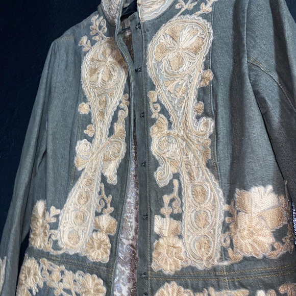 Plenty Tracy Reese Anthropologie Olive Green Embroidered Long Denim Nehru Jacket - Picture 3 of 6